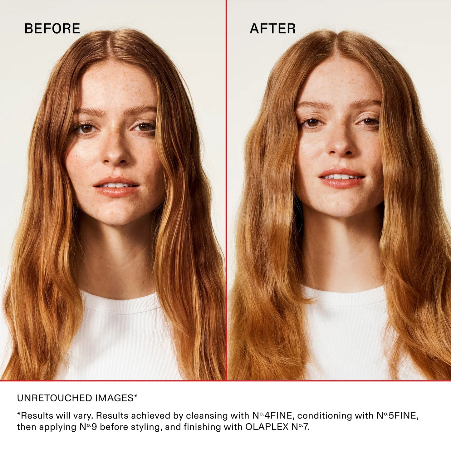 Olaplex Number 5 Fine Bond Maintenance Conditioner before and after results. Results may vary. Results achieved by cleansing with Number 4 fine shampoo, conditioning with number 5 fine conditioner, then applying number 9 before styling, and finishing with olaplex number 7.