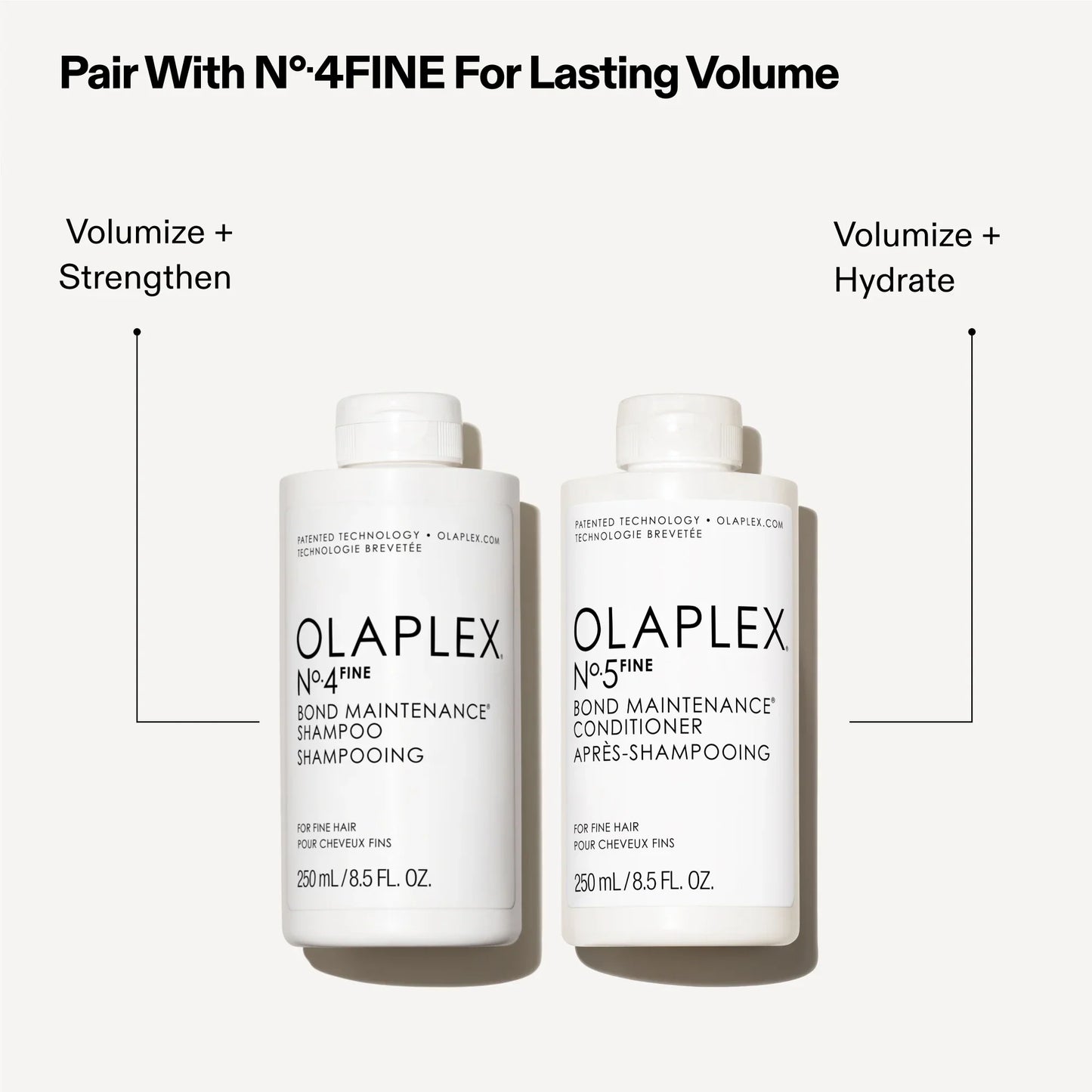 Olaplex Number 5 Fine Bond Maintenance Conditioner pairs with Number 4 fine Bond maintenance shampoo for volume, strengthening, and hydration.