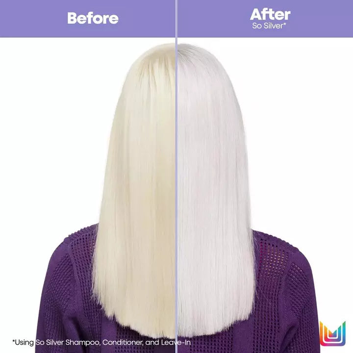 Matrix Total Results So Silver Conditioner for Blonde and Silver Hair before and after use reveals neutralized brassy tones