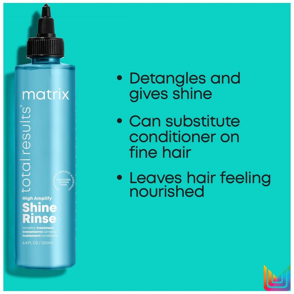 Matrix Total Results High Amplify Shine Rinse detangles and gives shine. Can substitute conditioner on fine hair while leaving the hair still feeling nourished