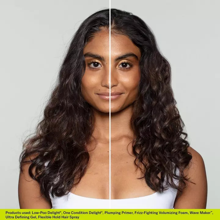 Deva Curl Flexible Hold Hairspray No-Crunch Finishing Styler used on Deva Curl Model with before and after results.