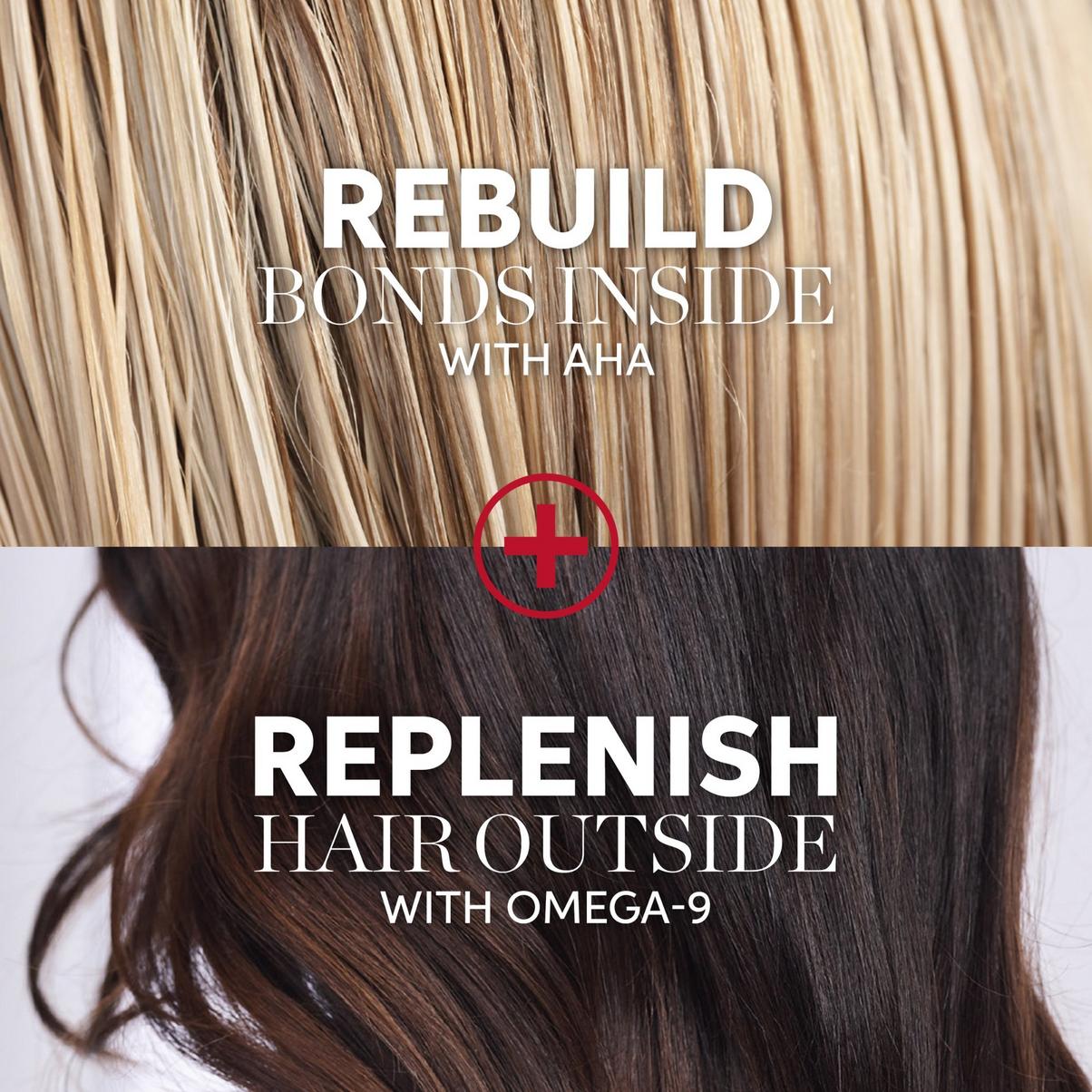 Wella Professional Ultimate Repair Shampoo utilizes AHA to rebuild and bond hair on the inside and Omega-9 to replenish the hair on the outside