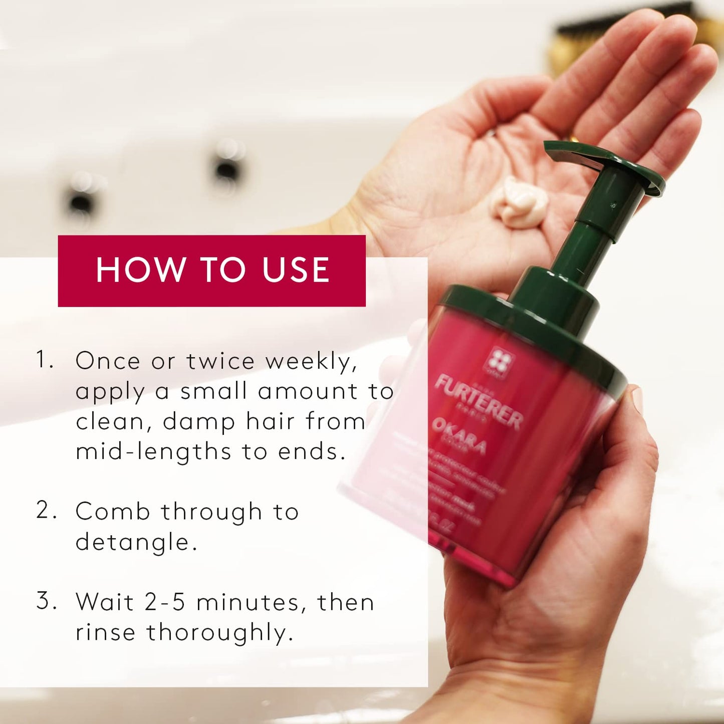 Rene Furterer Okara Color Protection Mask should be used once or twice weekly. Apply a small amount to clean, damp hair from mid-lengths to ends, comb through to detangle, and wait 2-5 minutes prior to rinsing thoroughly
