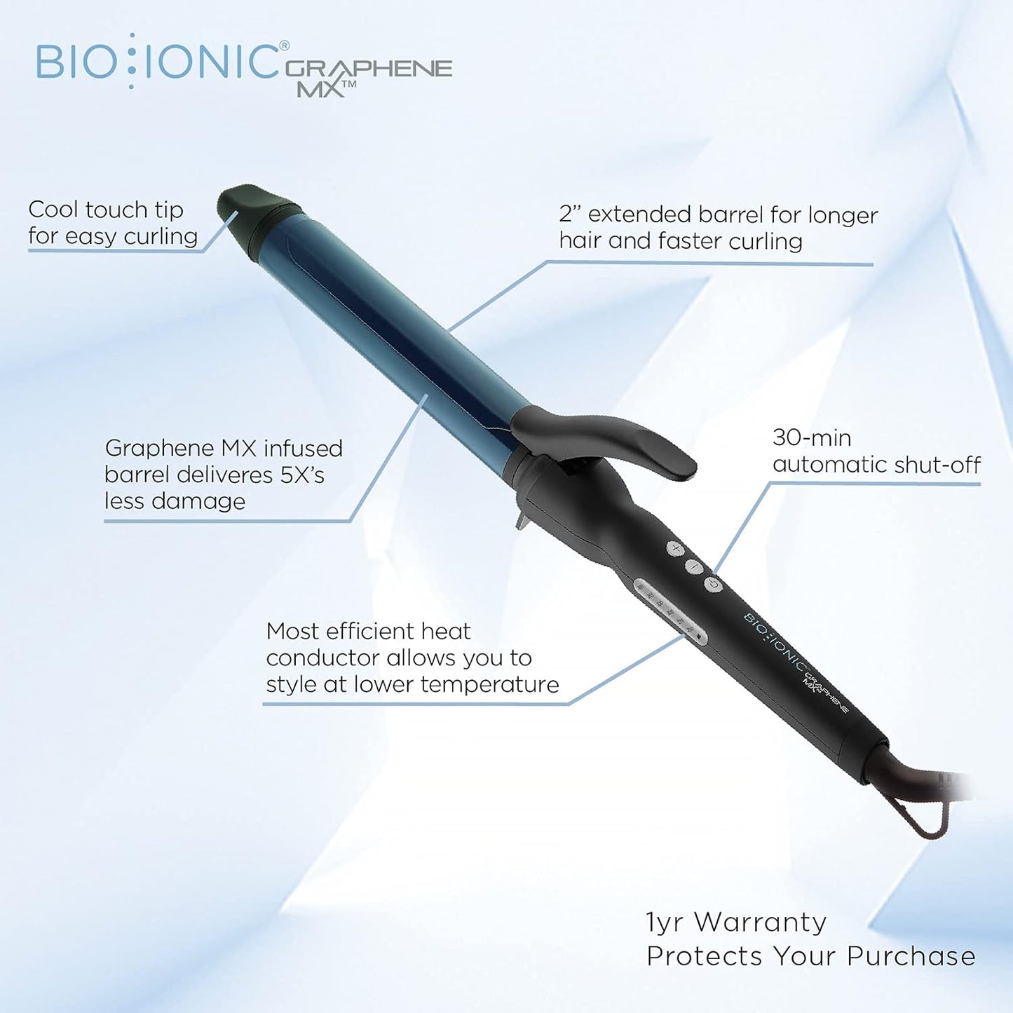 Bio Ionic Graphene MX Long Barrel Curling Iron 1.25” Product benefits