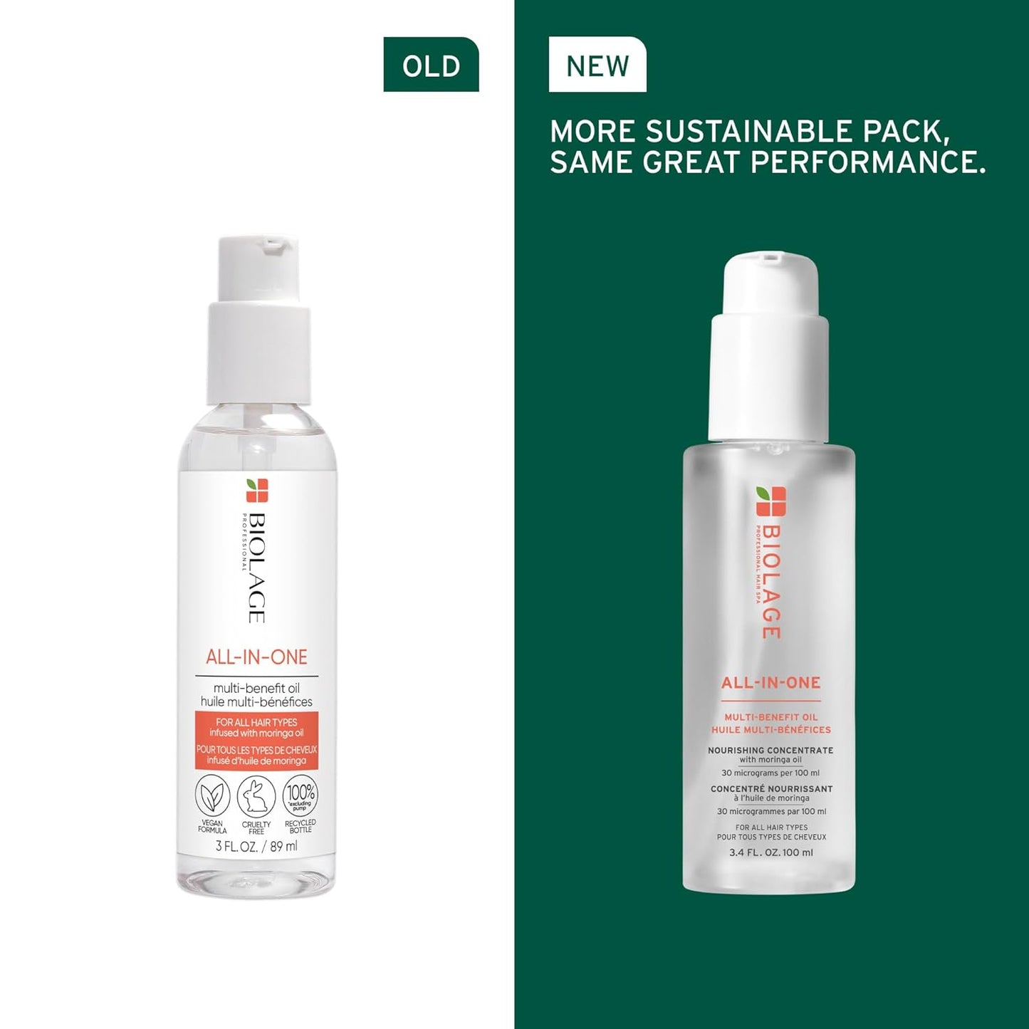 Old vs New Packaging of Biolage All-In-One Multi-Benefit Oil