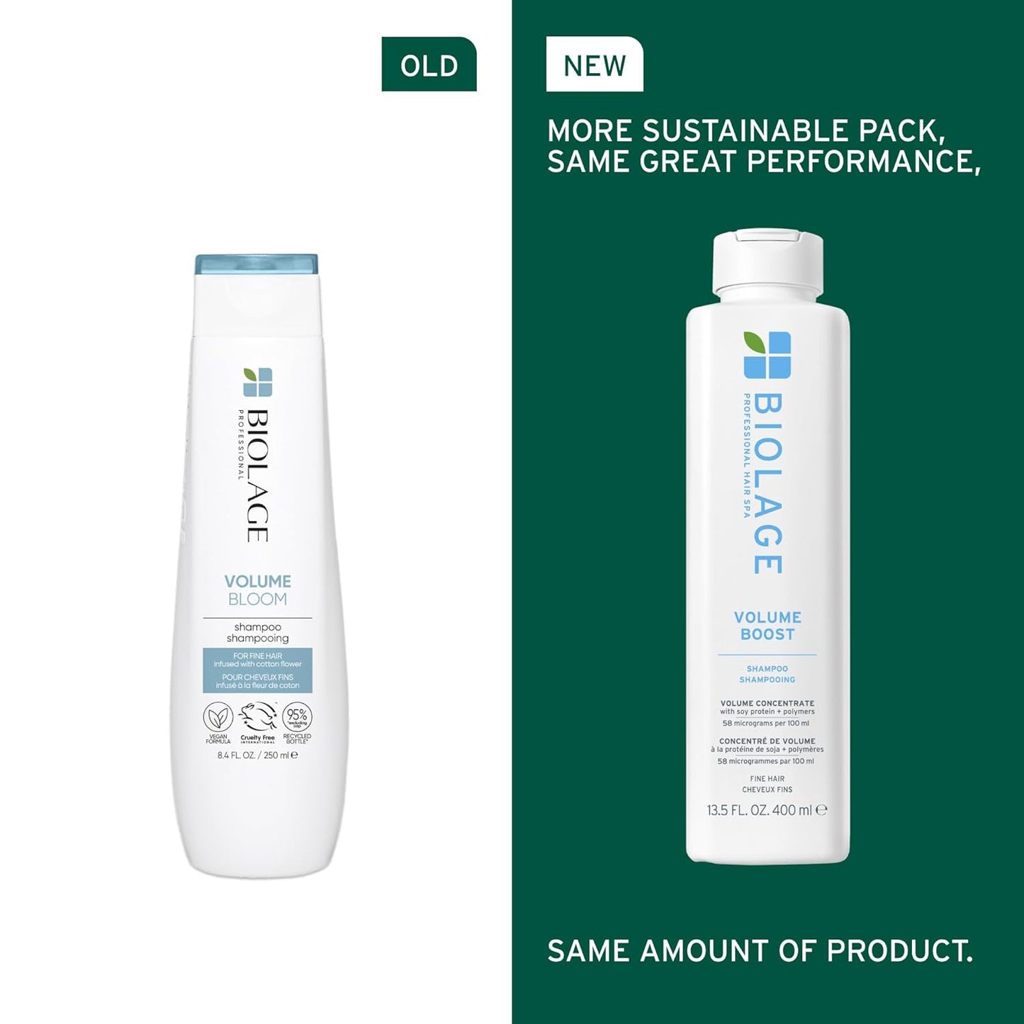Old vs new packaging of Biolage Volume Boost Shampoo