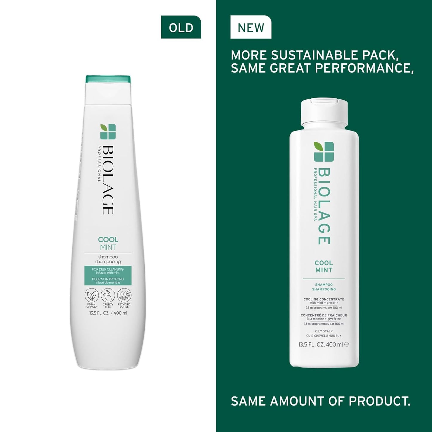 Old vs new packaging of Biolage Cool Mint Balancing Shampoo