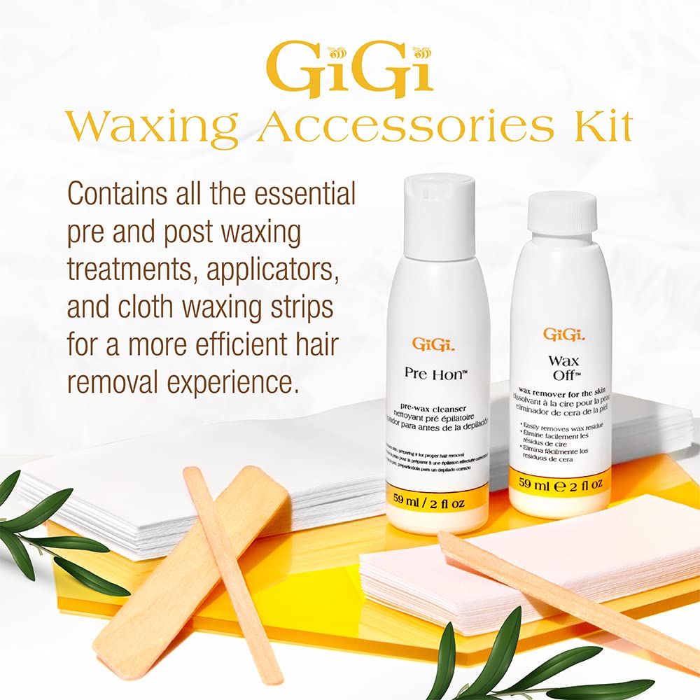 Gigi waxing accessories kit contains all the essential pre and post waxing treatments, applicators, and cloth waxing strips for a more efficient hair removal experience.