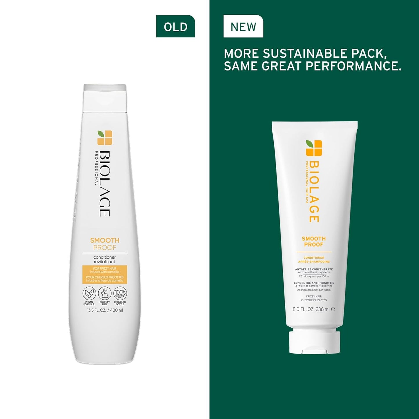 Old vs New Packaging for Biolage Smooth Proof Conditioner