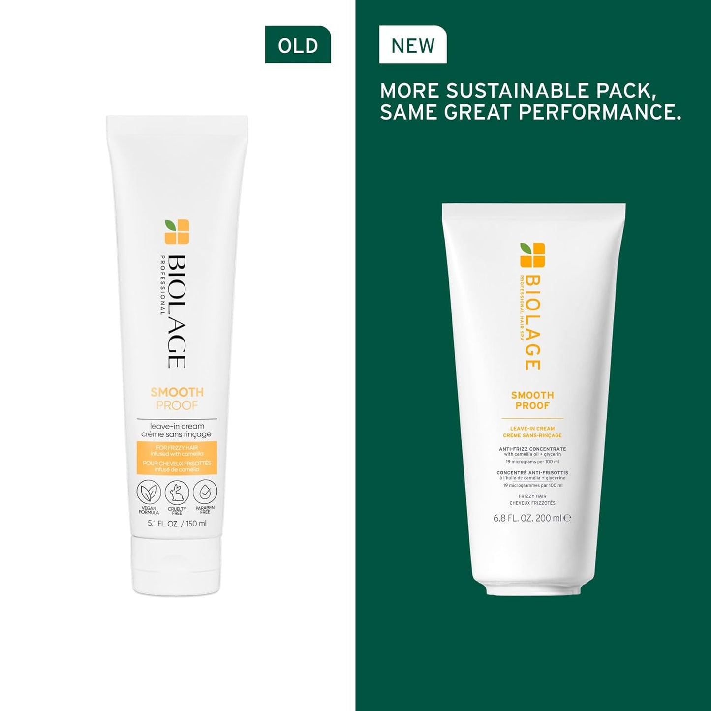 Old vs new packaging of Biolage Smooth Proof Leave-In Cream for Frizzy Hair