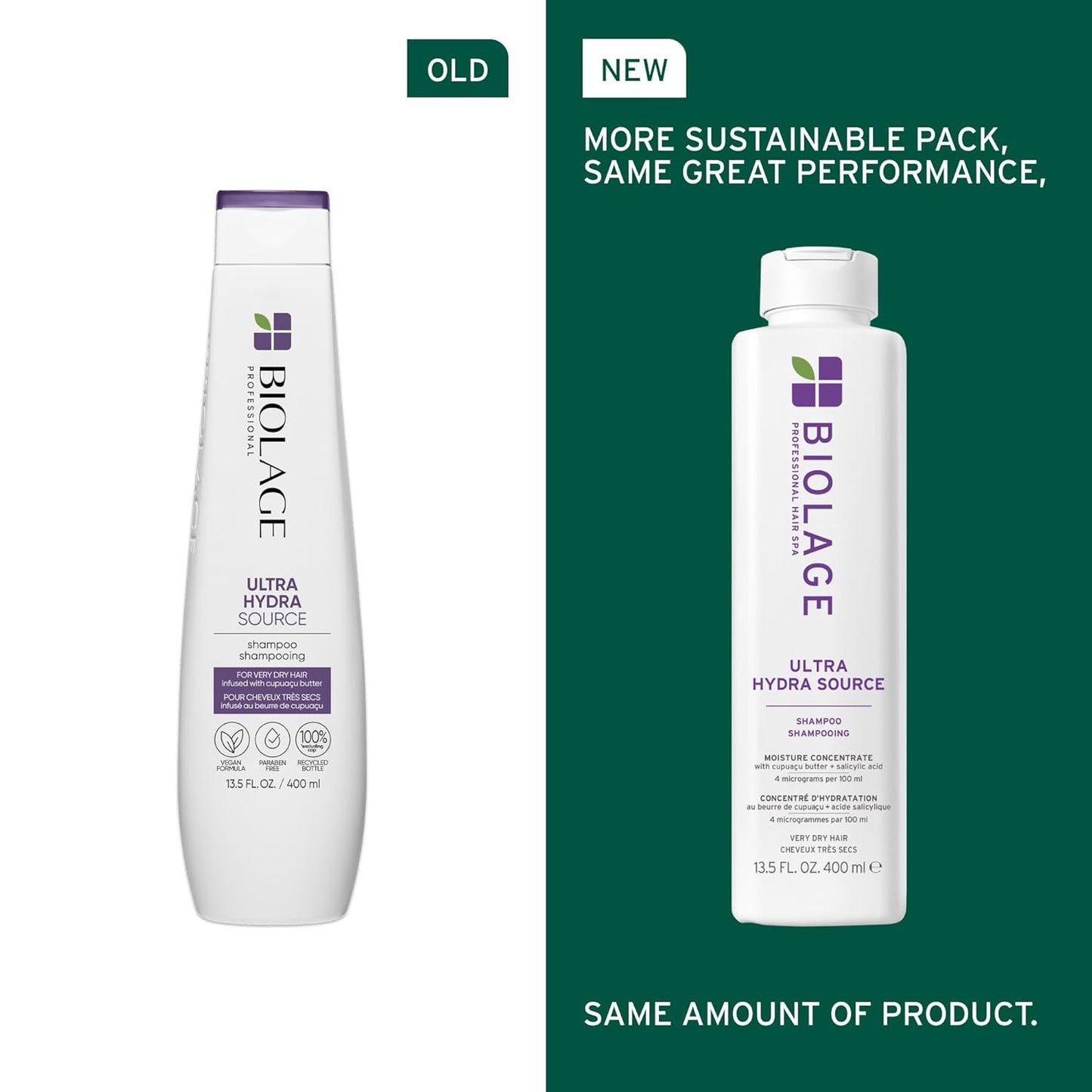 Old vs new packaging of Biolage Ultra Hydra Source Shampoo