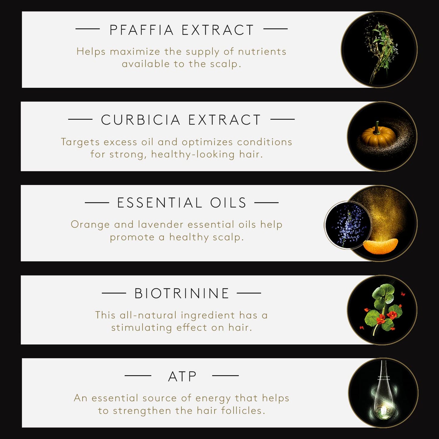 Rene Furterer Triphasic Progressive Concentrated Serum utilizes pfaffia extract, curbicia extract, essential oils, biotrinine, and ATP.