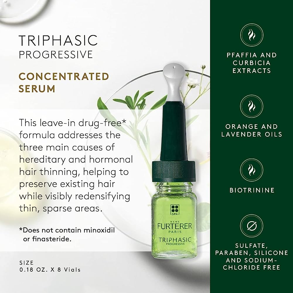 Rene Furterer Triphasic Progressive Concentrated Serum is a drug-free formula that addresses the three main causes of hereditary and hormonal hair thinning, helping to preserve existing hair while visibly redensifying thin, sprarse areas