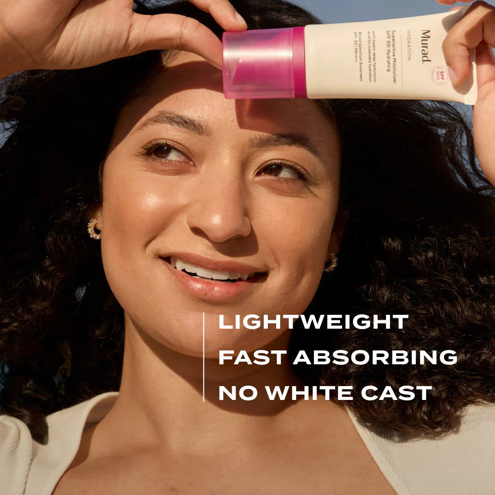 Murad Superactive Moisturizer SPF 50 Hydrating is a lightweight, fast absorbing, no white cast SPF 50 3-in-1 moisturizer