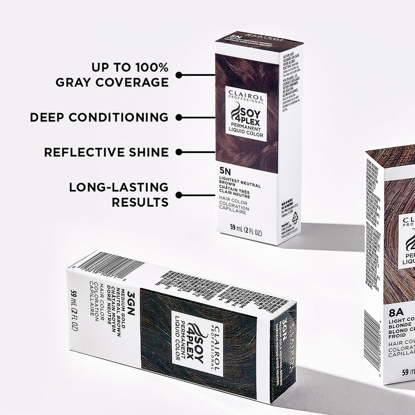 Clairol Soy 4 Plex. Up to 100% Gray Coverage, Deep Conditioning, Reflective Shine, Long lasting results.