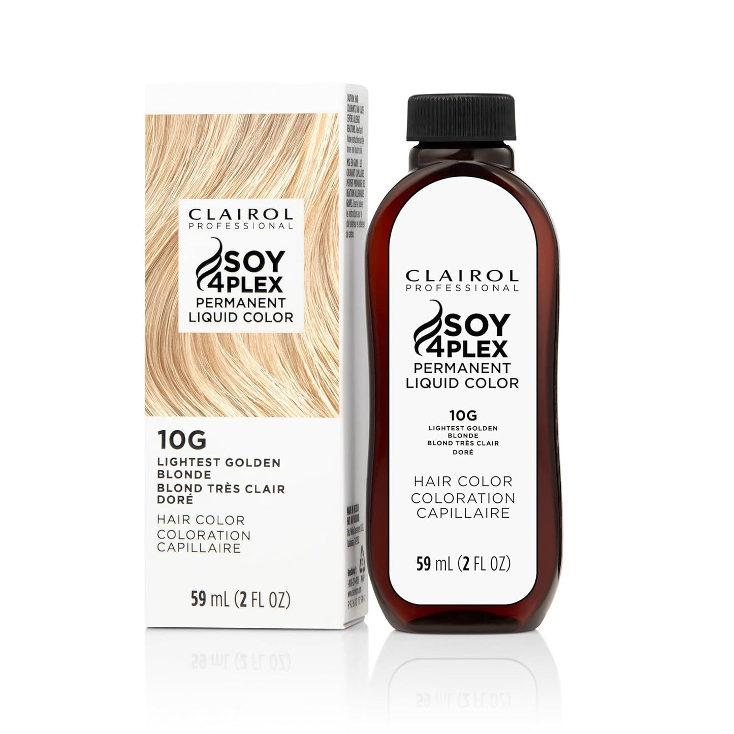 Clairol Soy 4Plex hair color 10G Lightest Golden Blonde bottle and packaging on a white background