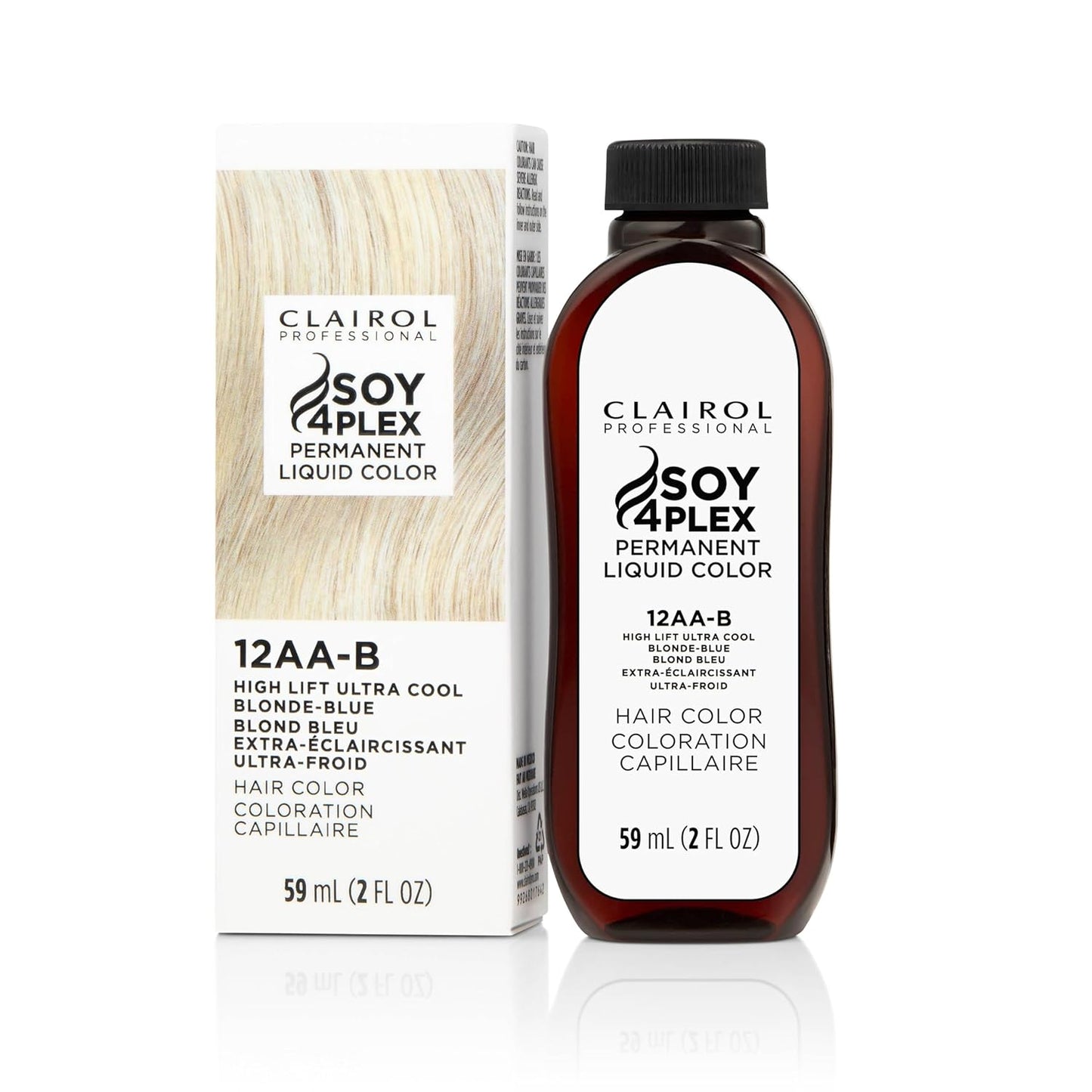 Clairol Soy 4Plex hair color 12AA-B High Lift Ultra Cool Blonde-Blue bottle and packaging on a white background
