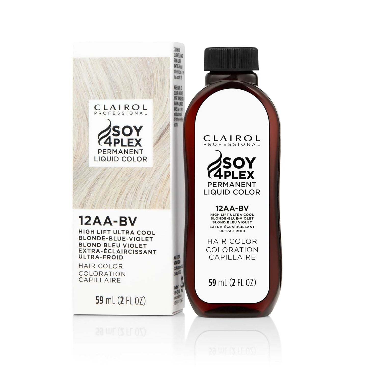 Clairol Soy4Plex hair color 12AA-BV High Lift Ultra Cool Blonde-Blue-Violet bottle and packaging on a white background