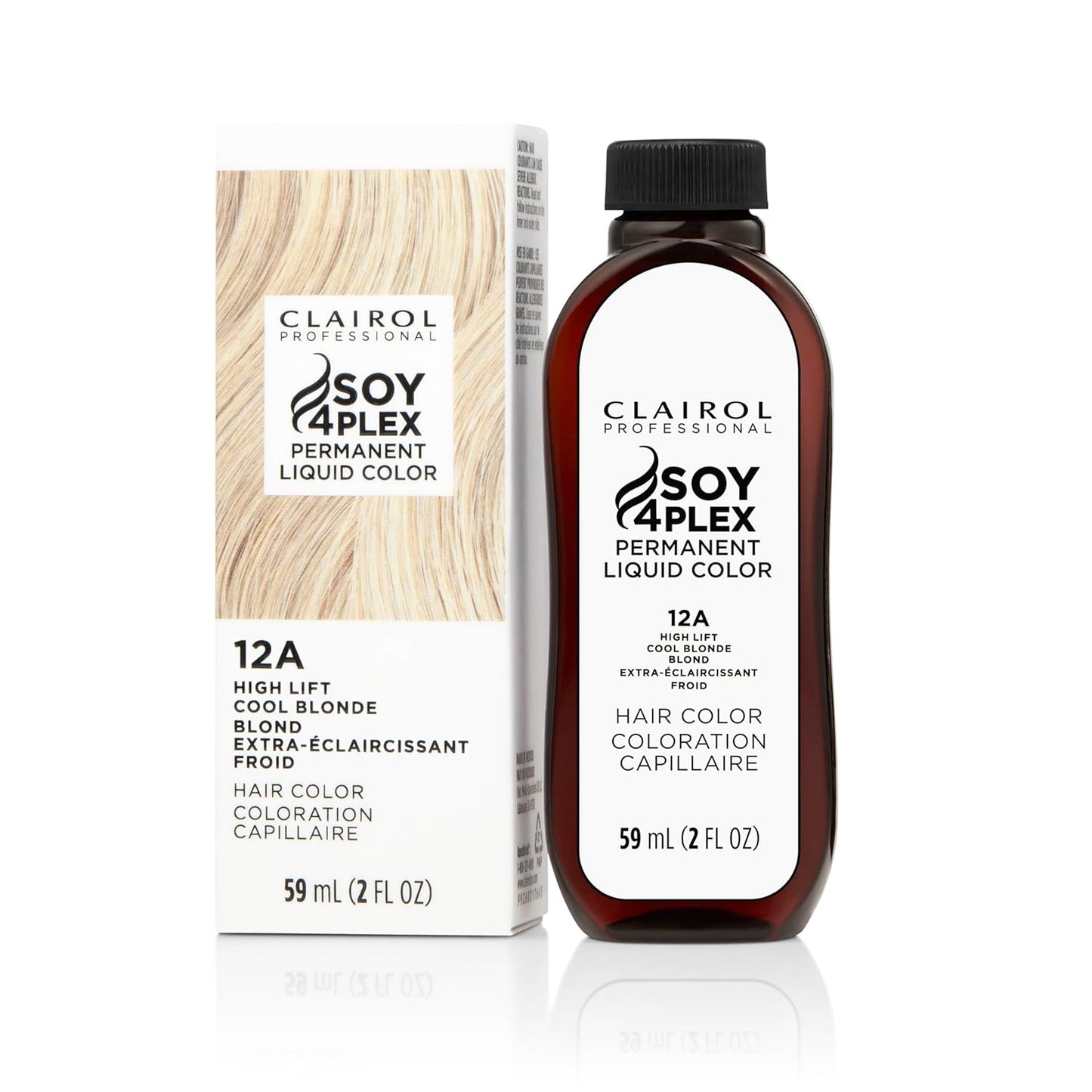 Clairol Soy 4 Plex hair color 12A High Lift Cool Blonde bottle and packaging on a white background
