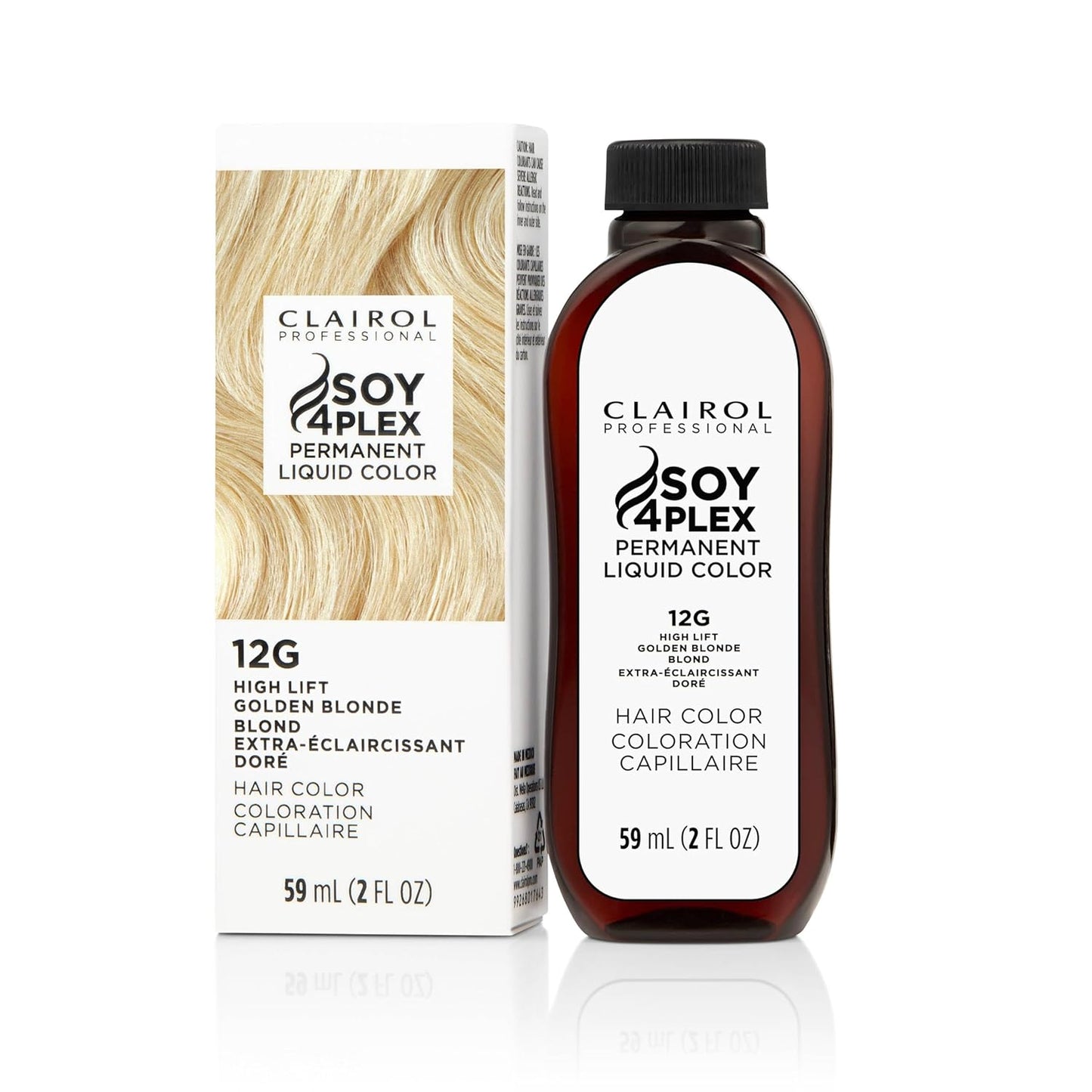 Clairol Soy 4Plex hair color 12G High Lift Golden Blonde bottle and packaging on a white background