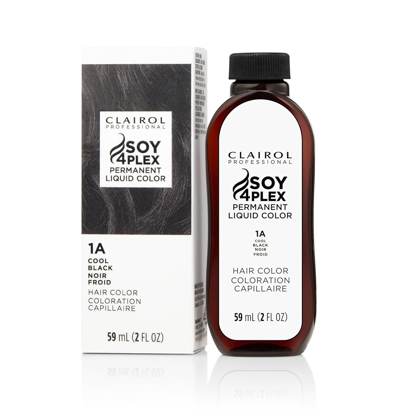 Clairol Soy 4Plex hair color 1A Cool Black bottle and packaging on a white background