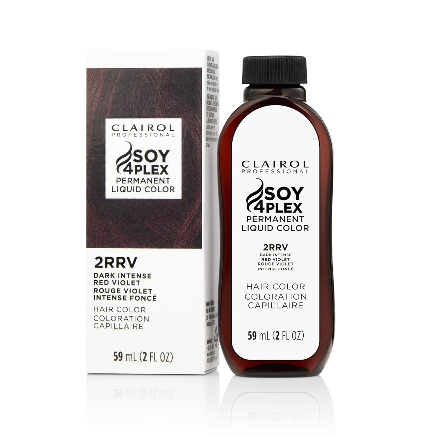 Clairol Soy4Plex hair color 2RRV Dark Intense Red Violet bottle and packaging on a white background