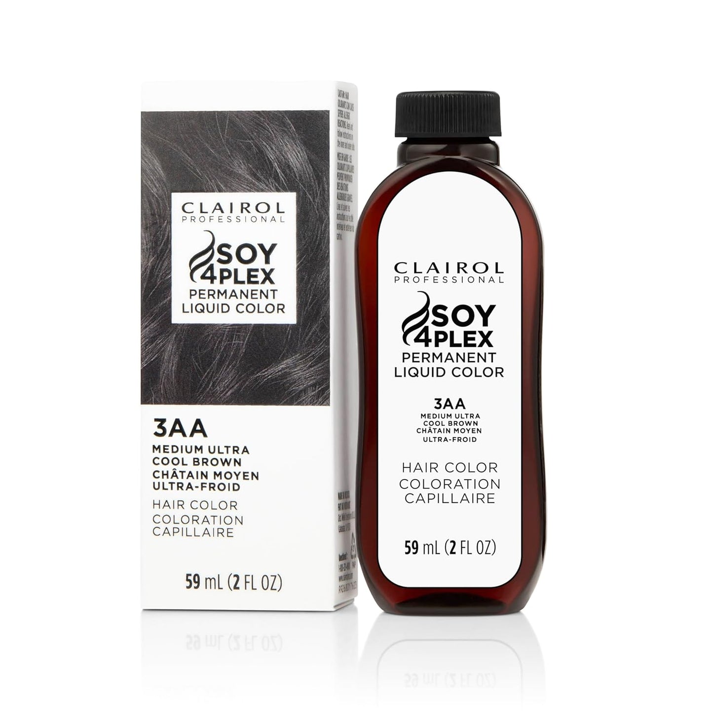 Clairol Soy 4Plex hair color 3AA Medium Ultra Cool Brown bottle and packaging on a white background