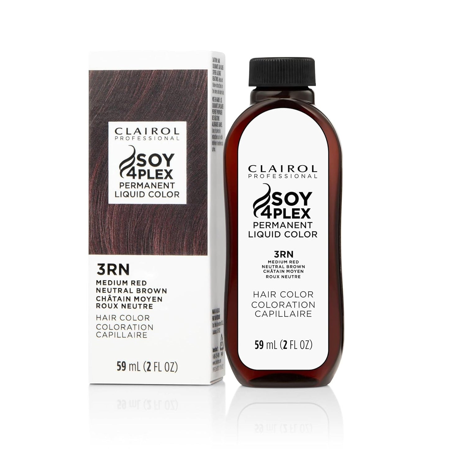 Clairol Soy 4 Plex hair color 3RN Medium Red Neutral Brown bottle and packaging on a white background