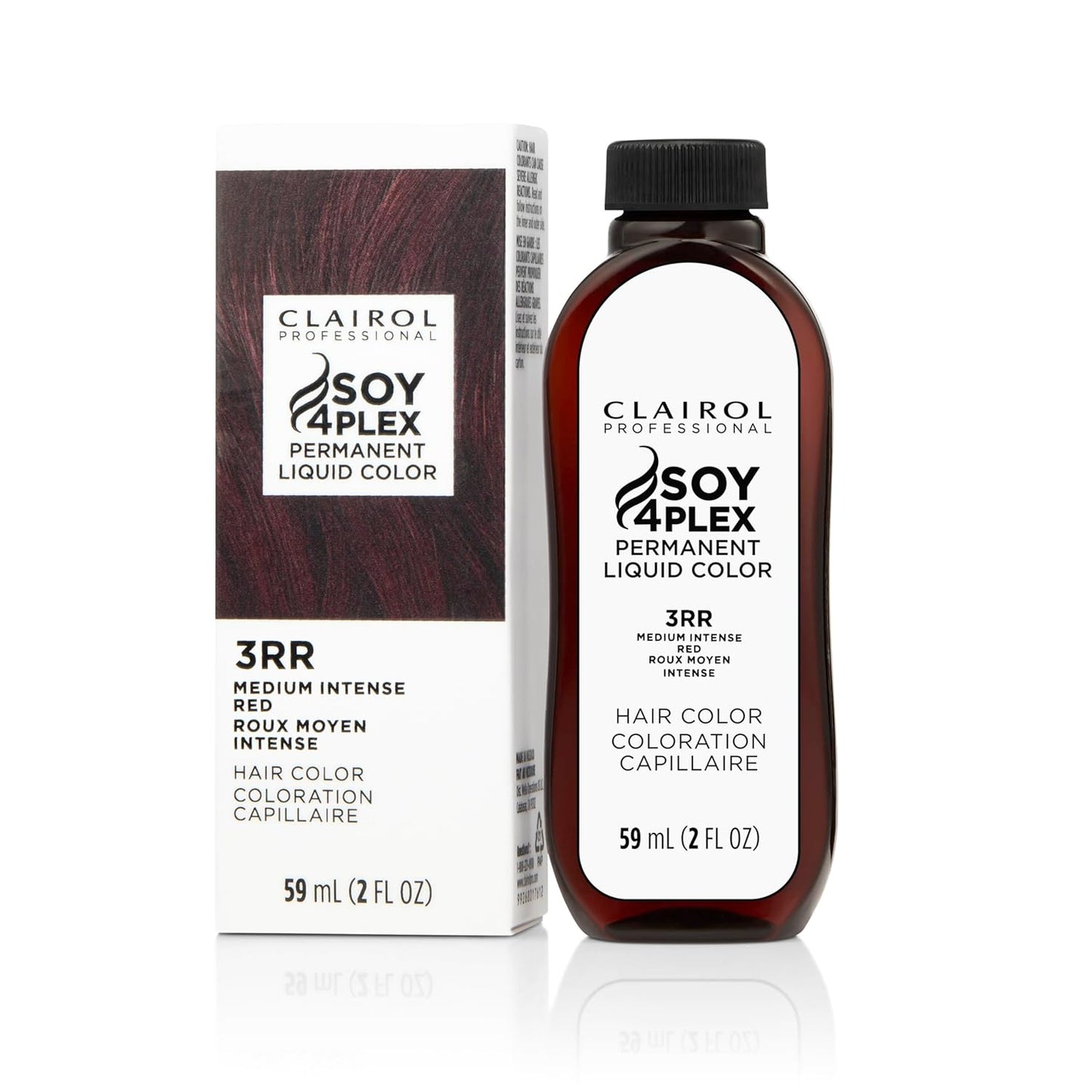 Clairol Soy 4Plex hair color 3RR Medium Intense Red bottle and packaging on a white background