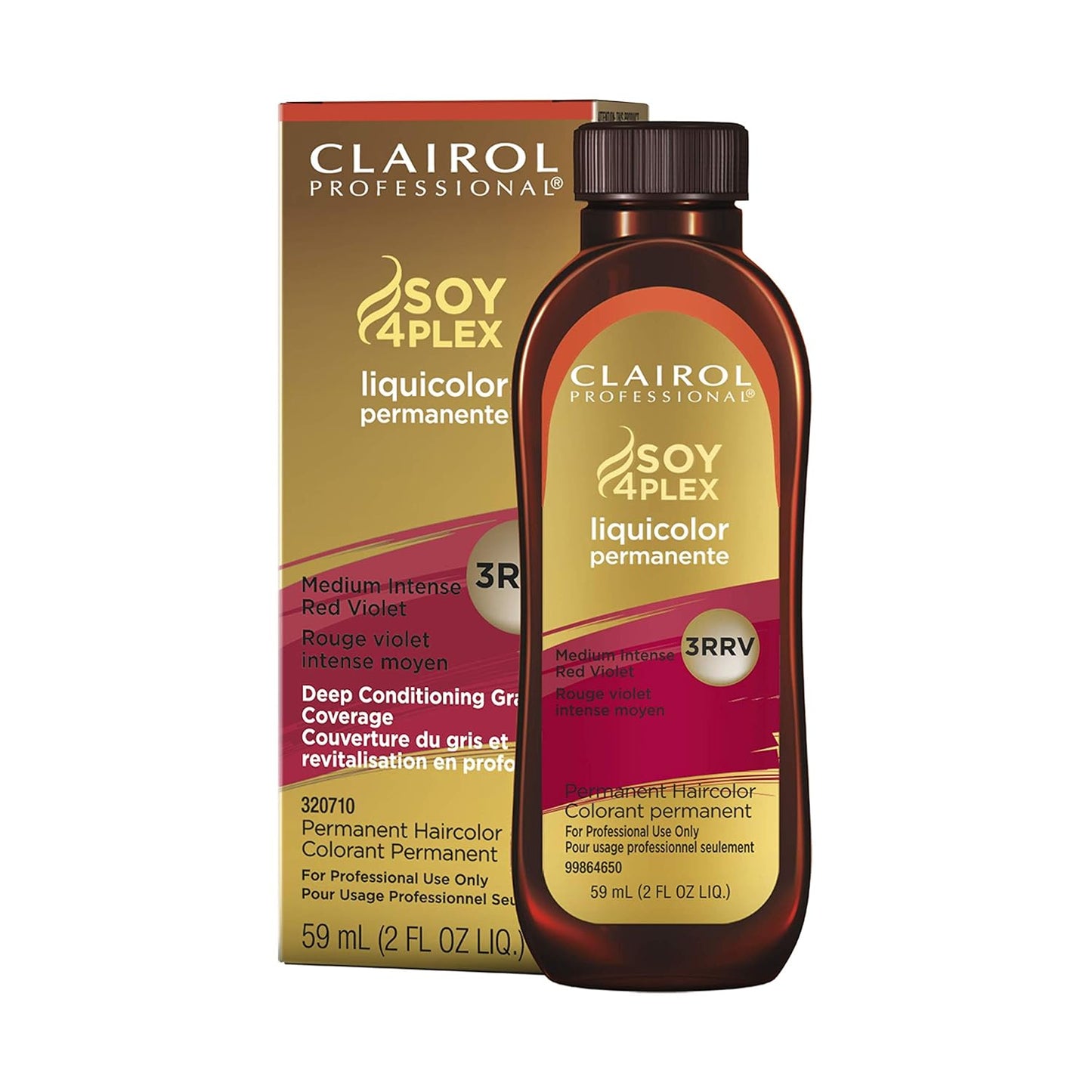 Clairol Professional Soy 4 Plex hair color 3RRV Medium Intense Red Violet bottle and packaging on a white background