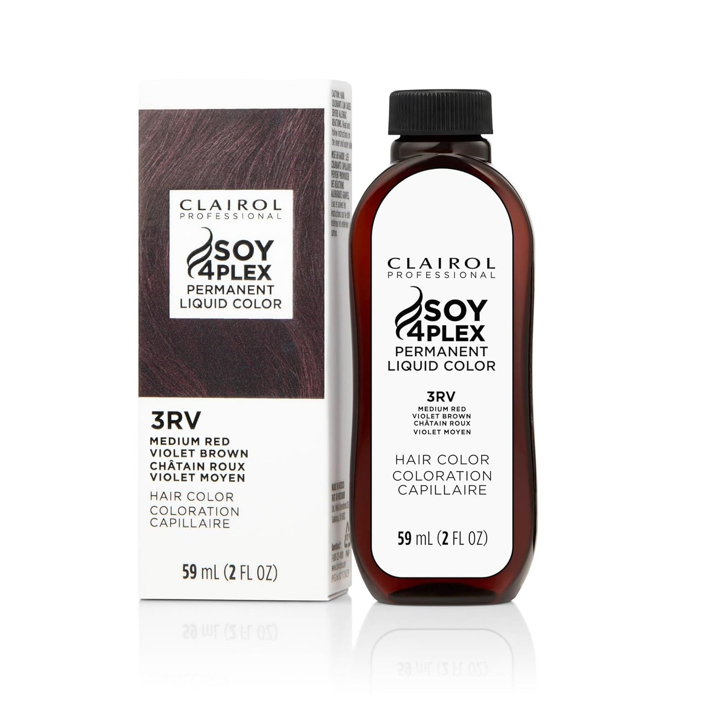 Clairol Soy 4Plex hair color 3RV Medium Red Violet Brown bottle and packaging on a white background