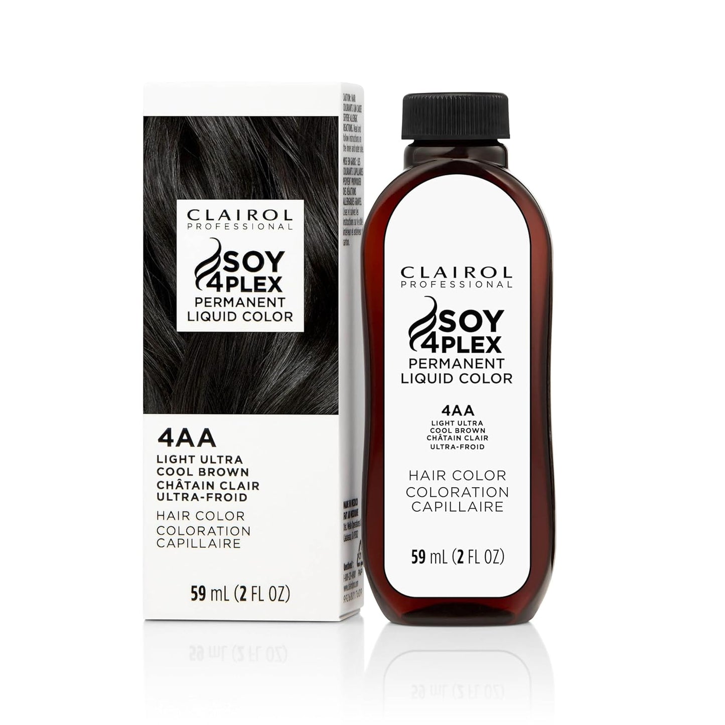 Clairol Soy 4Plex hair color 4AA Light Ultra Cool Brown bottle and packaging on a white background
