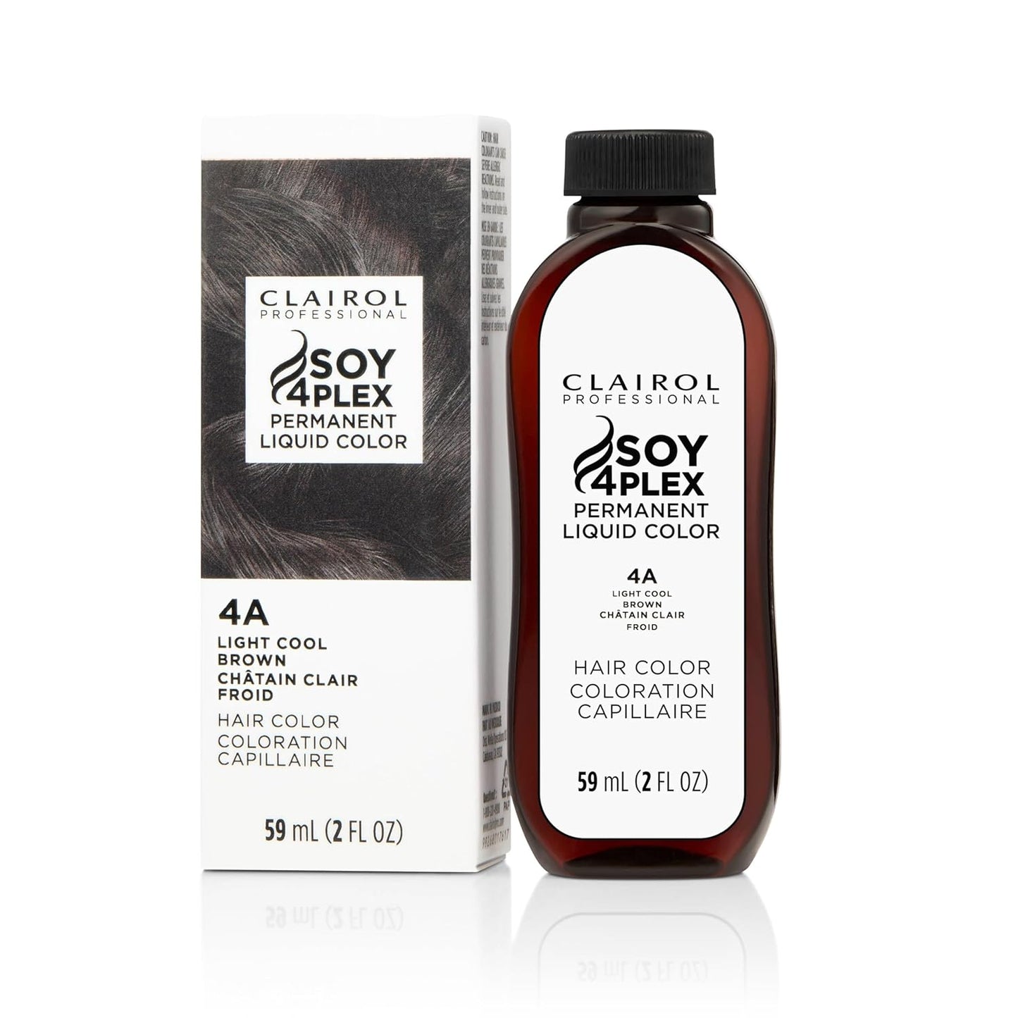 Clairol Soy 4 Plex hair color 4A Light Cool Brown bottle and packaging on a white background