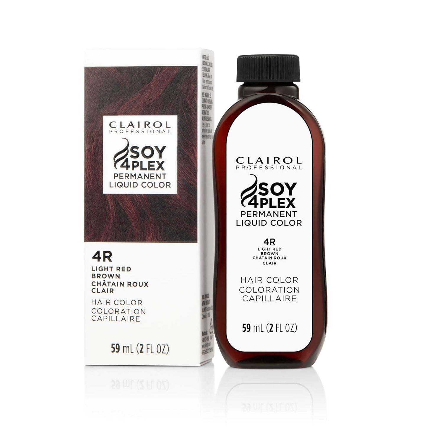 Clairol Soy4Plex hair color 4R Light Red Brown bottle and packaging on a white background