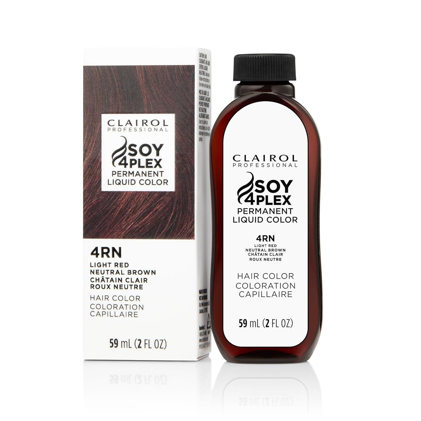 Clairol Soy 4Plex hair color 4RN Light Red Neutral Brown bottle and packaging on a white background