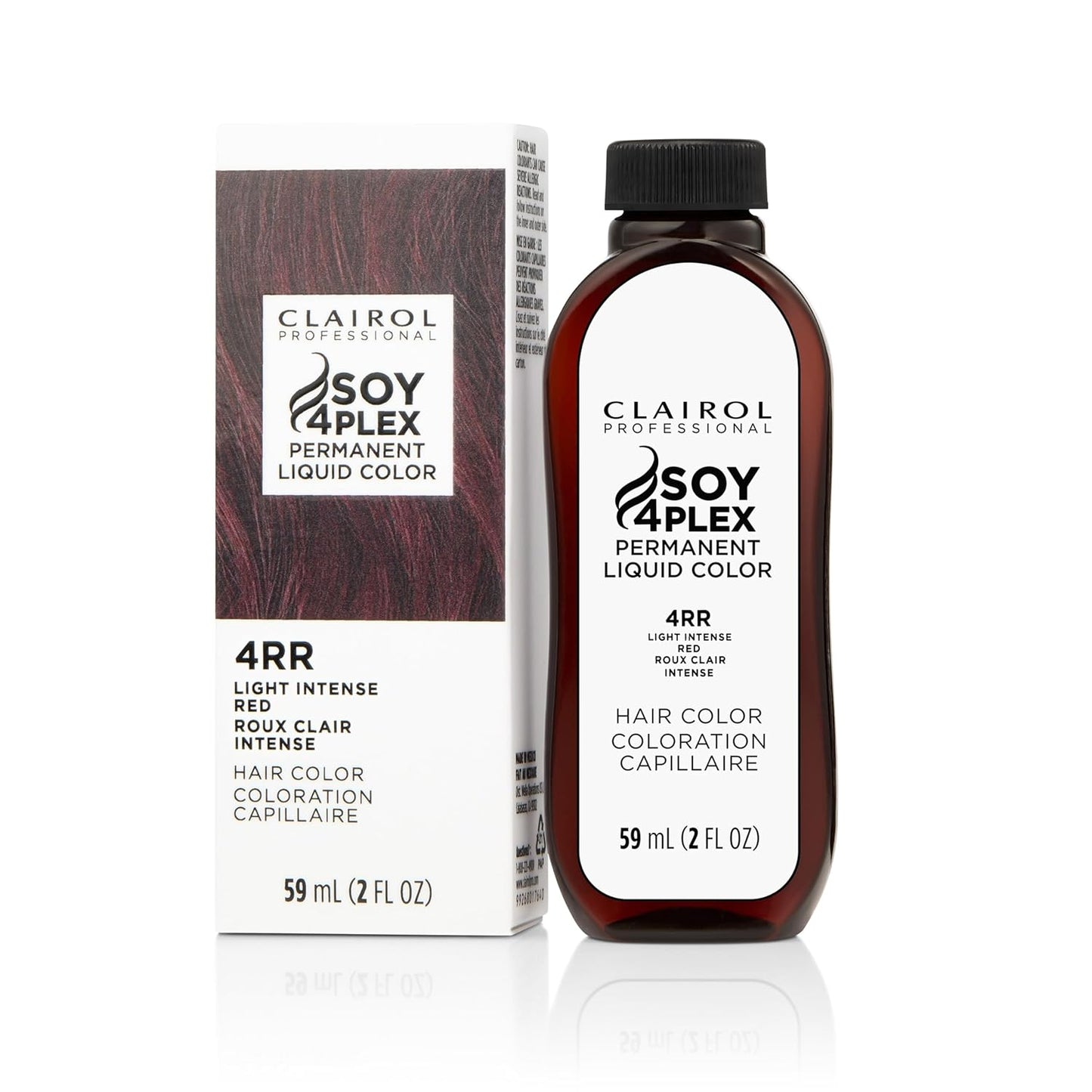 Clairol Soy4Plex hair color 4RR Light Intense Red bottle and packaging on a white background