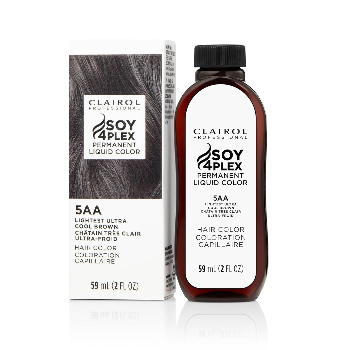 Clairol Soy 4Plex hair color 5AA Lightest Ultra Cool Brown bottle and packaging on a white background