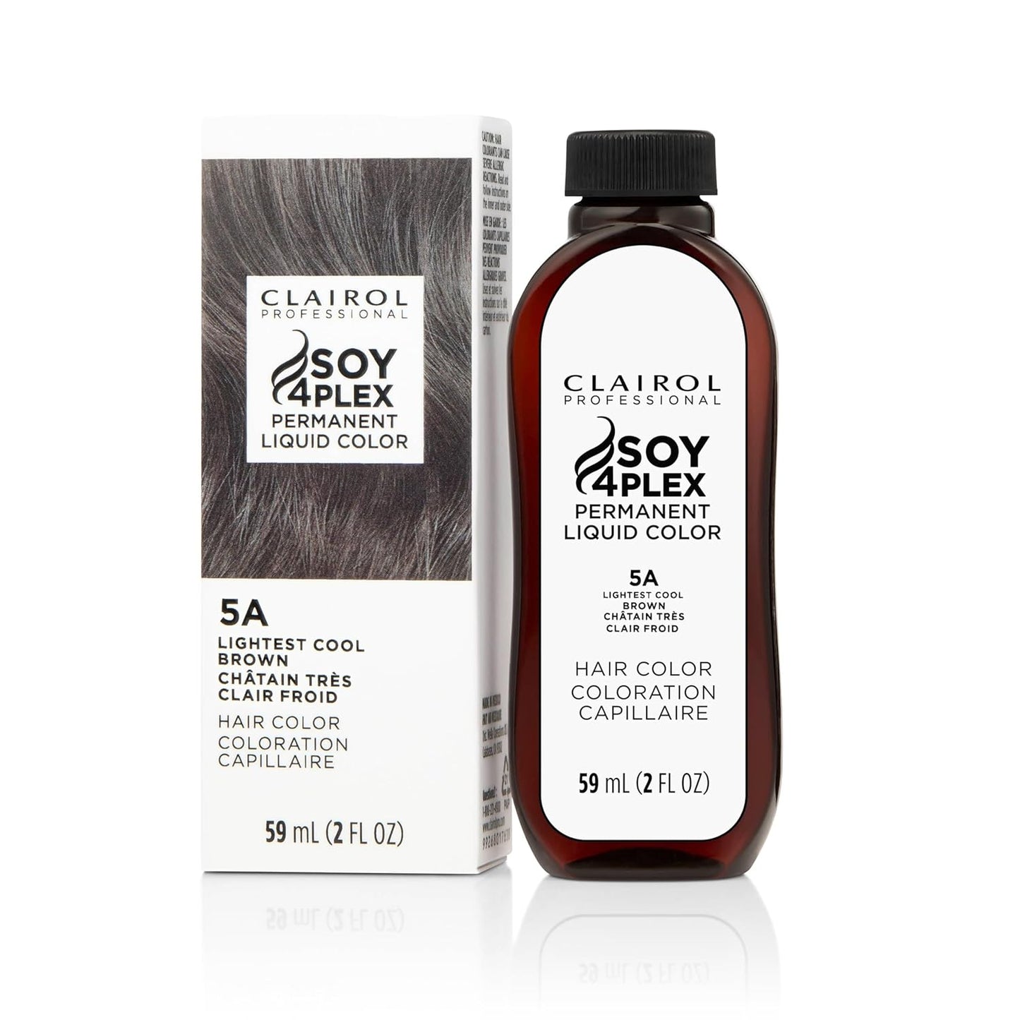 Clairol Soy 4 Plex hair color 5A Lightest Cool Brown bottle and packaging on a white background