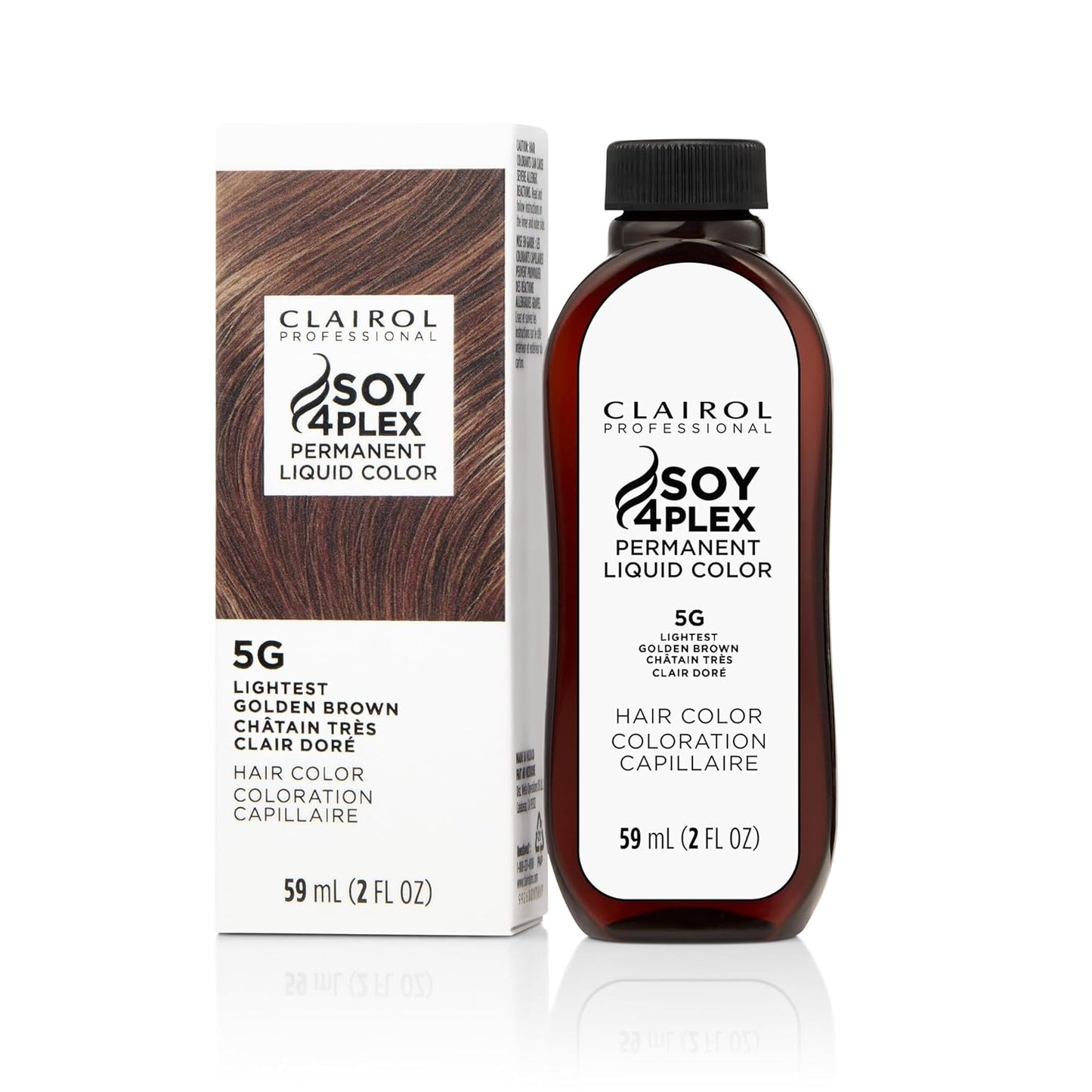 Clairol Soy 4Plex hair color 5G Lightest Golden Brown bottle and packaging on a white background