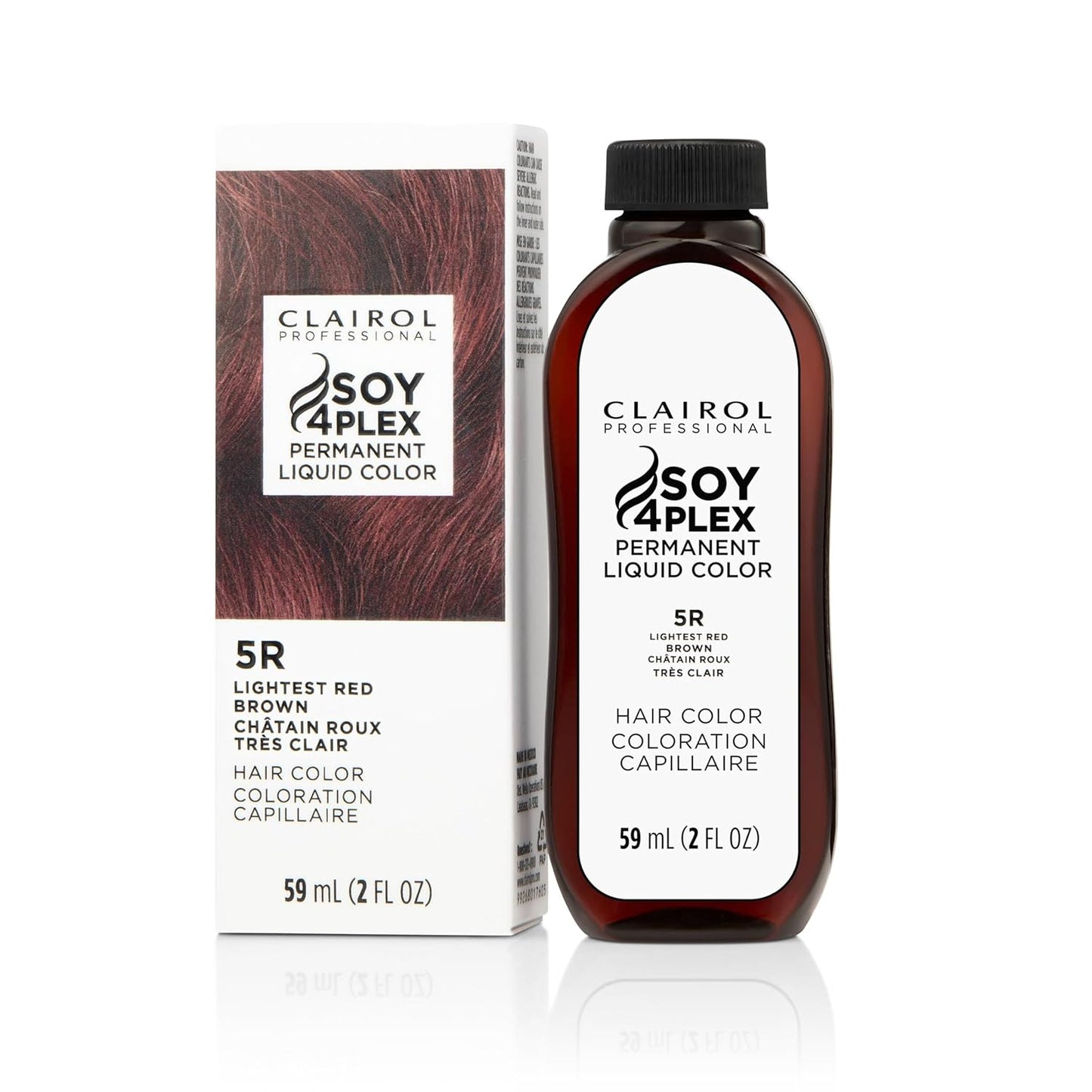 Clairol Soy 4Plex hair color 5R Lightest Red Brown bottle and packaging on a white background