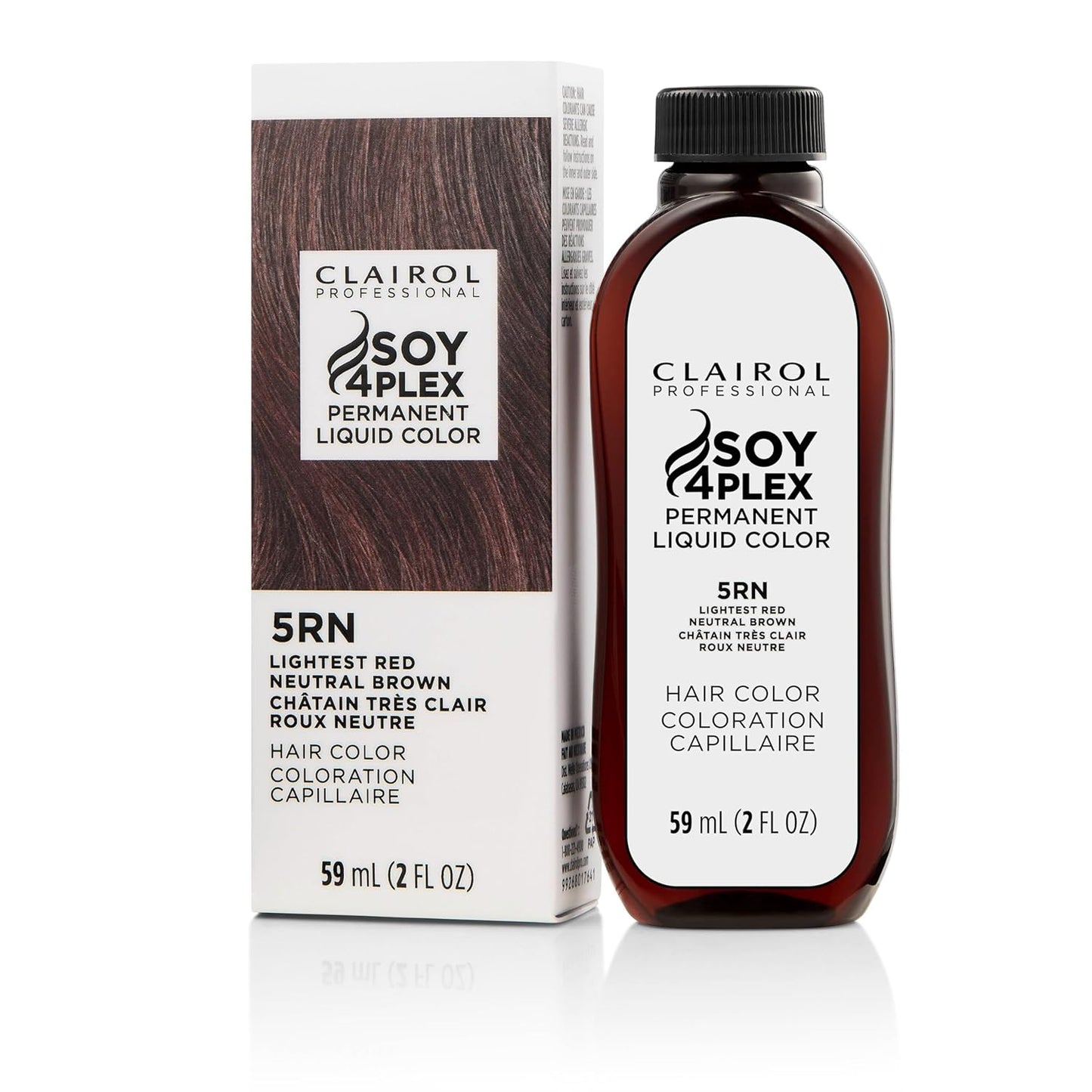 Clairol Soy 4 Plex hair color 5RN Lightest Red Neutral Brown bottle and packaging on a white background