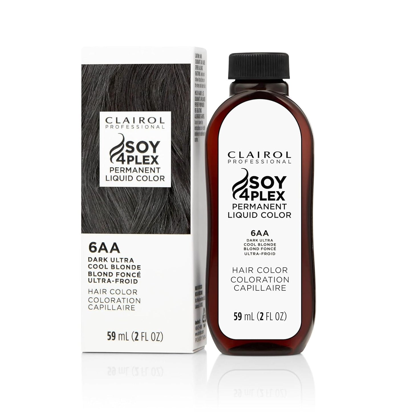 Clairol Soy 4Plex hair color 6AA Dark Ultra Cool Blonde bottle and packaging on a white background