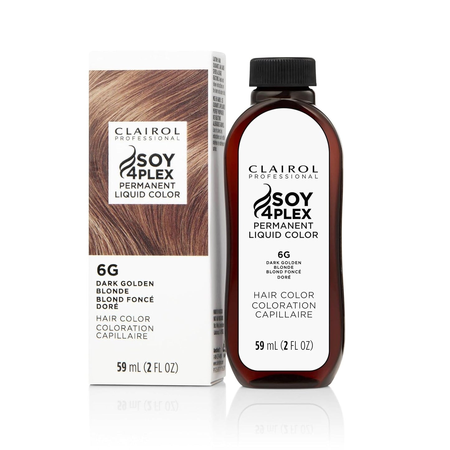 Clairol Soy4Plex hair color 6G Dark Golden Blonde bottle and packaging on a white background