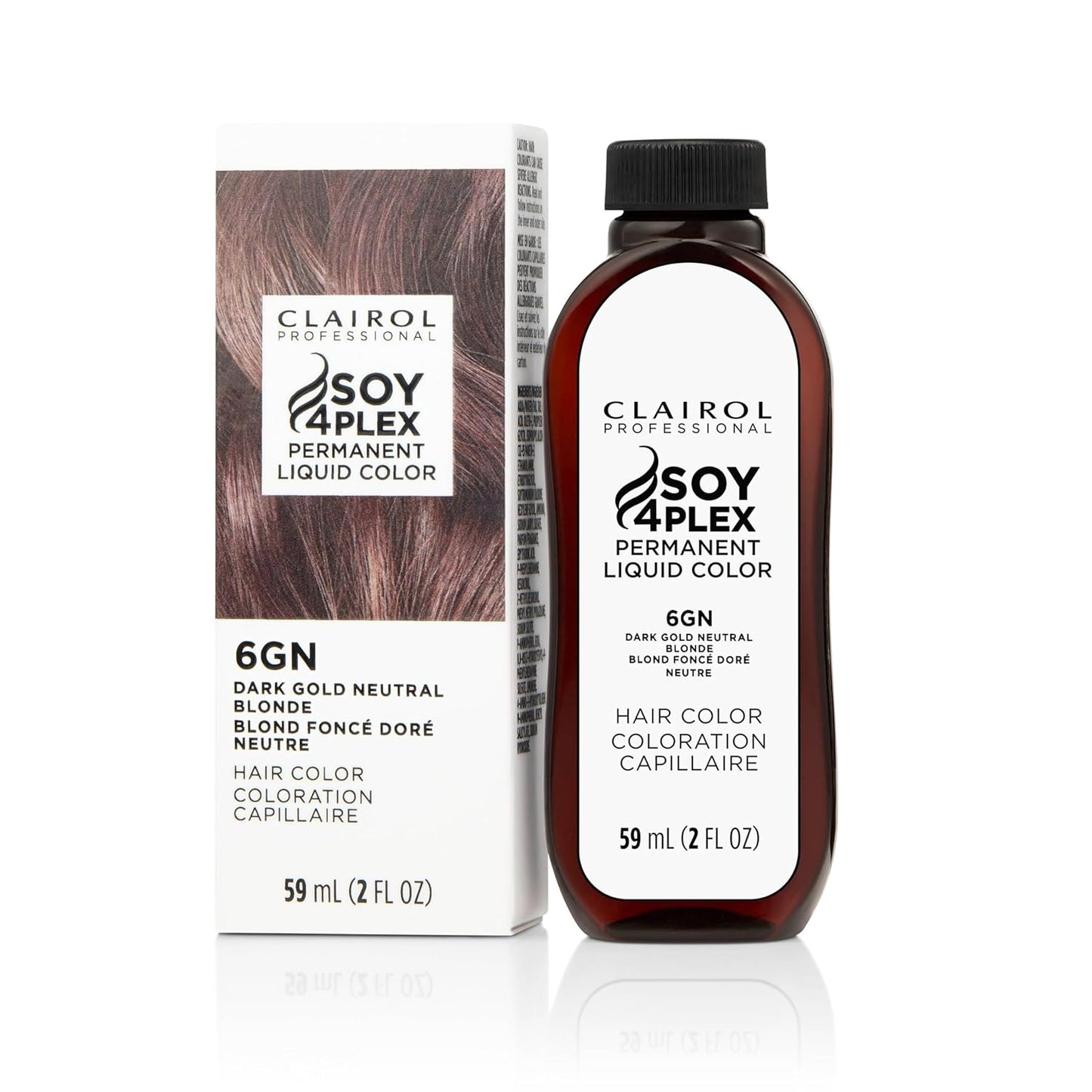 Clairol Soy 4Plex hair color 6GN Dark Gold Neutral Blonde bottle and packaging on a white background