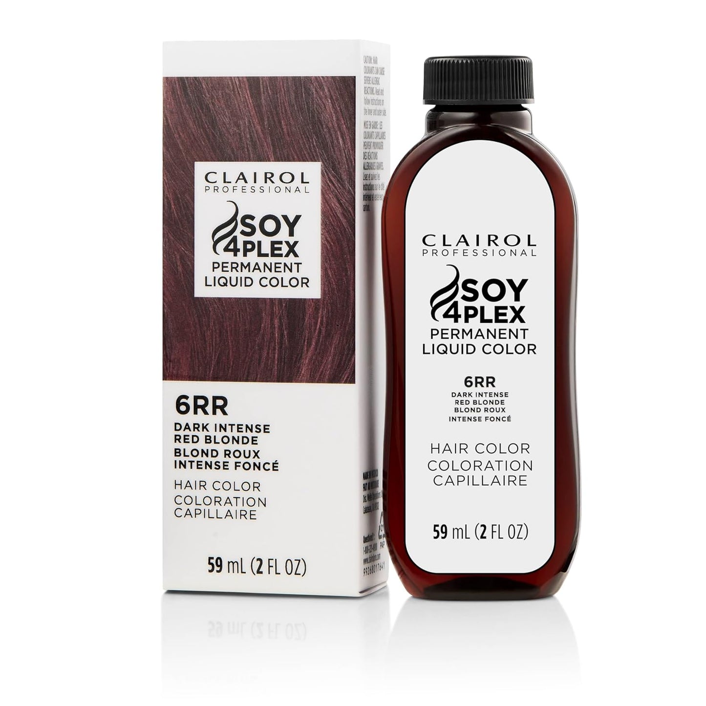 Clairol Soy 4 Plex hair color 6RR Dark Intense Red Blonde bottle and packaging on a white background