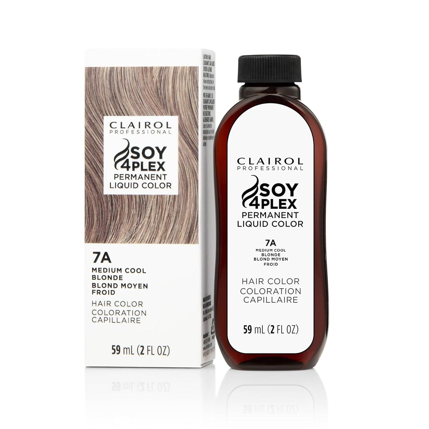 Clairol Soy 4 Plex hair color 7A Medium Cool Blonde bottle and packaging on a white background