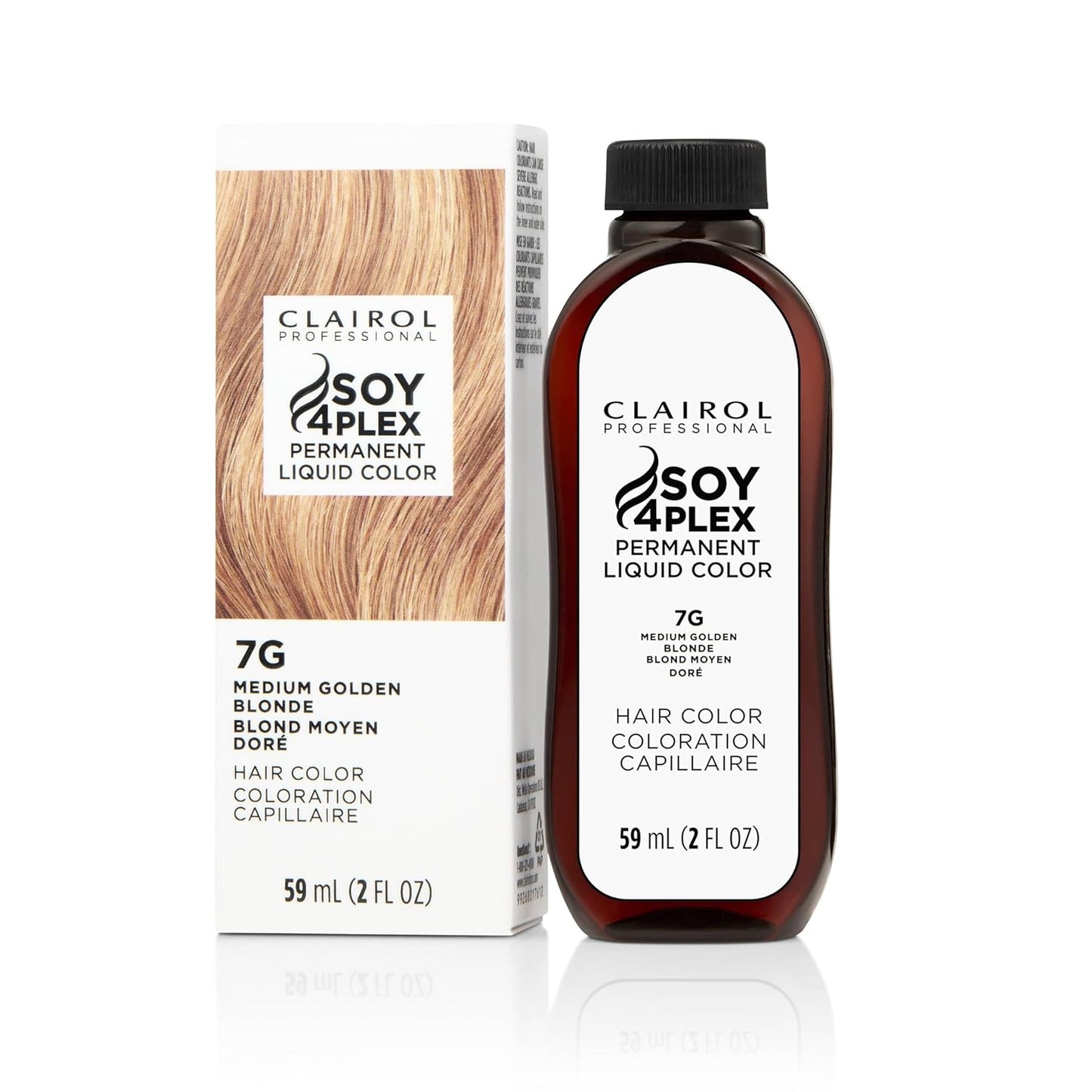 Clairol Soy 4Plex hair color 7G Medium Golden Blonde bottle and packaging on a white background