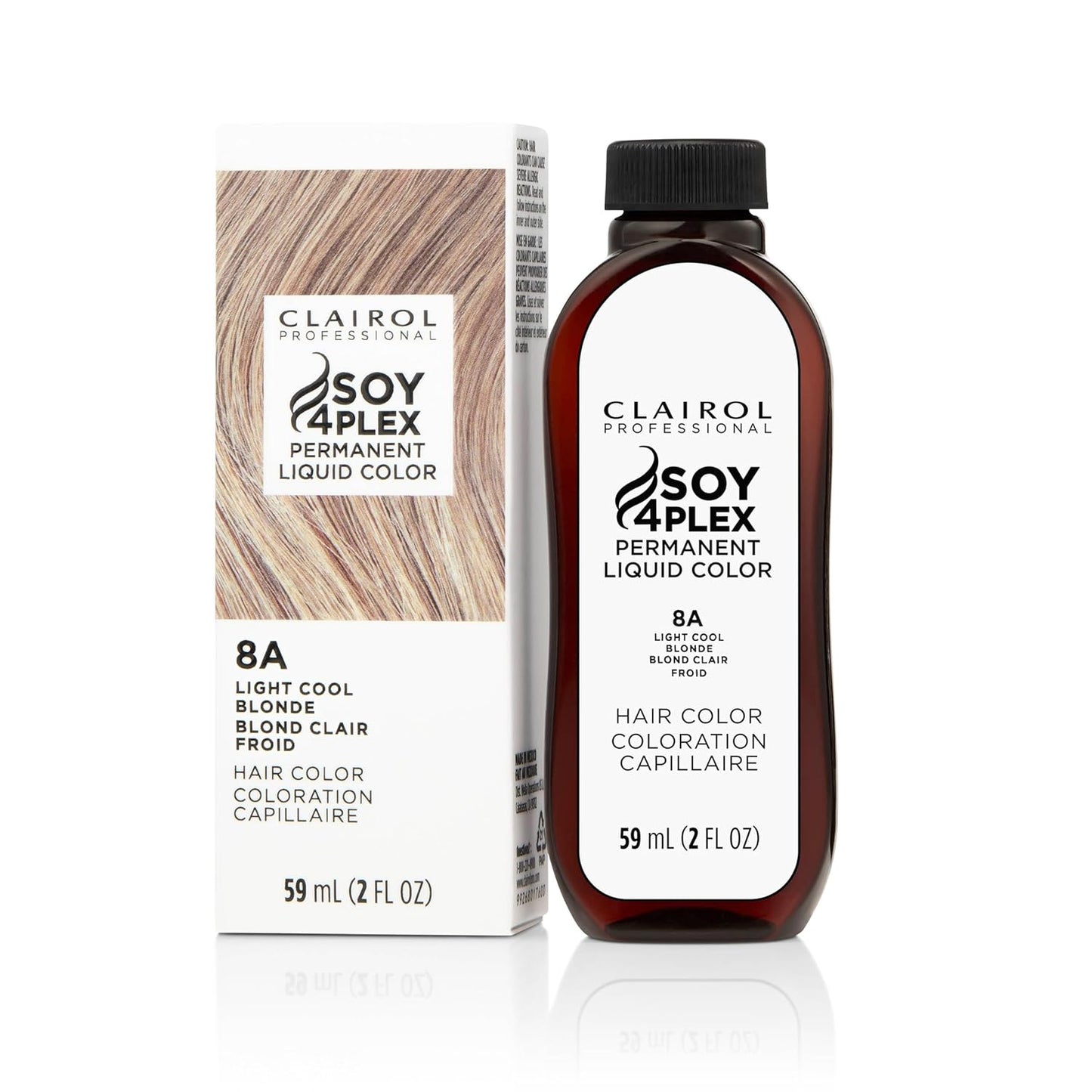 Clairol Soy 4Plex hair color 8A Light Cool Blonde bottle and packaging on a white background