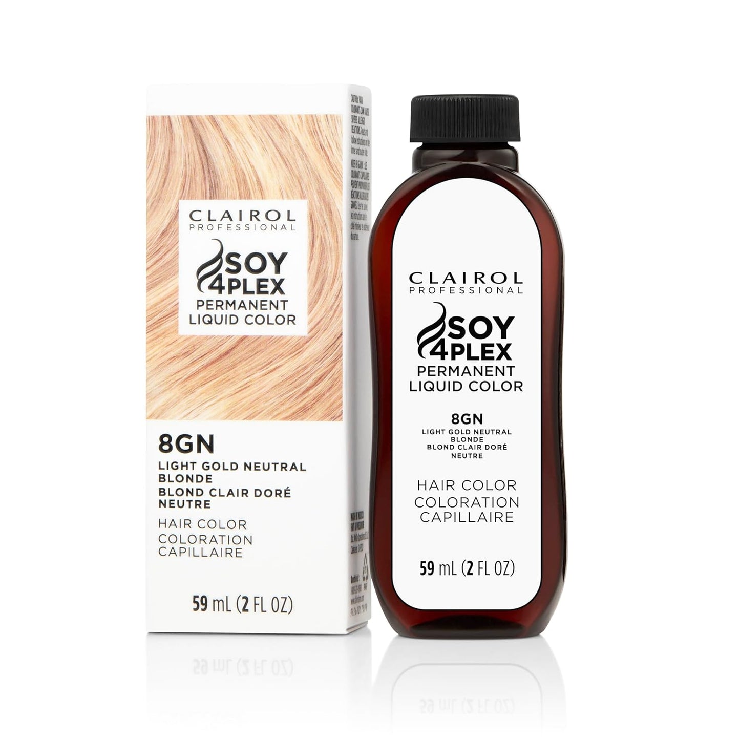 Clairol Soy 4Plex hair color 8GN Light Gold Neutral Blonde bottle and packaging on a white background