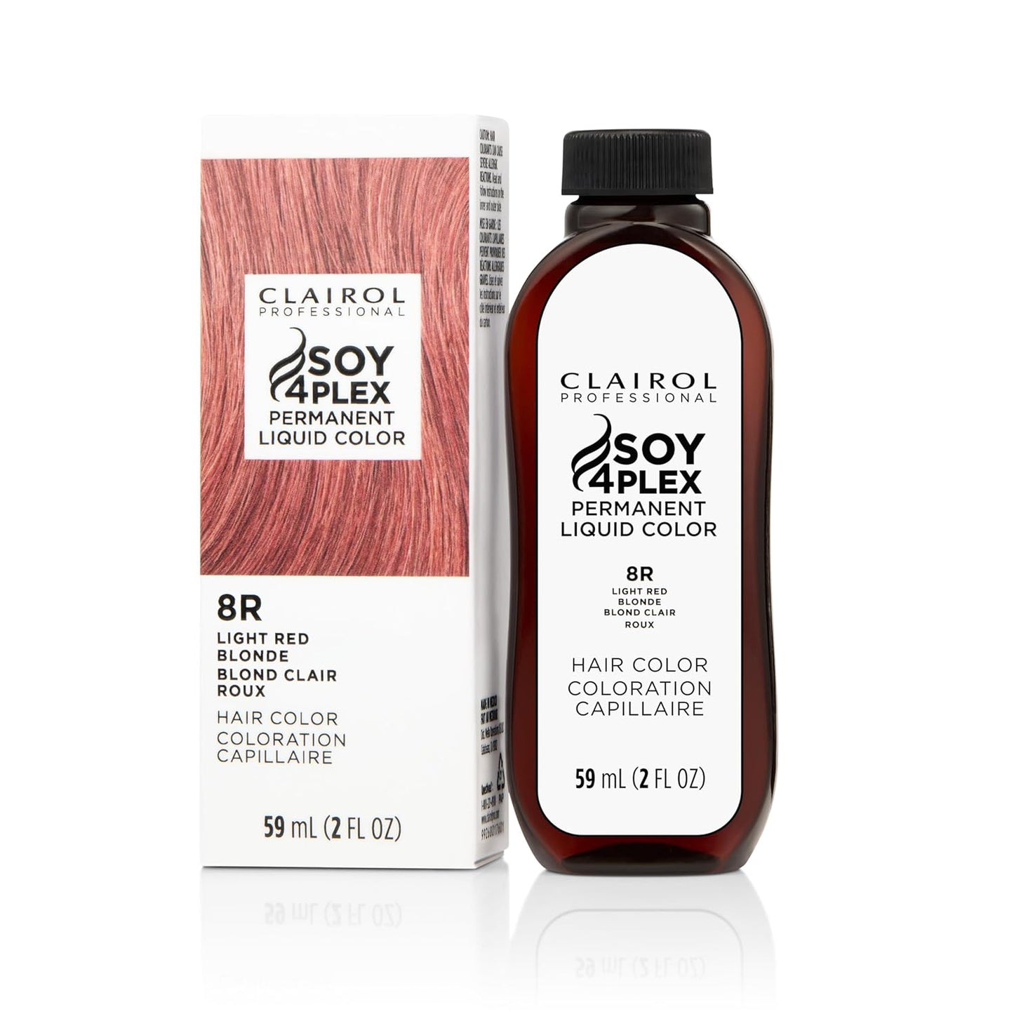 Clairol Soy 4Plex hair color 8R Light Red Blonde bottle and packaging on a white background